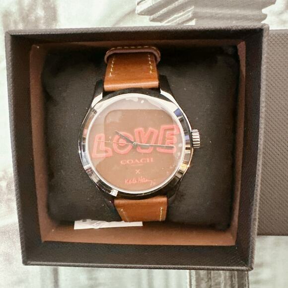Coach X Keith 14502805 Haring Love Saddle Brown Leather Maddy Watch W1296